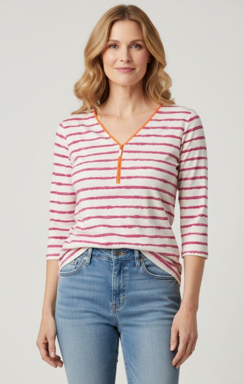 Belle by Kim Gravel Signature Womens Large Zip Pop of Neon Pink Striped Top